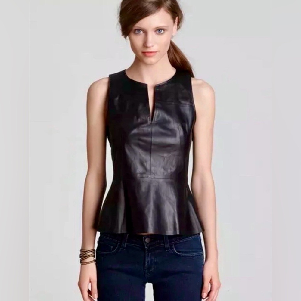 Theory‎ Black Etia Sleeveless Side Zip Leather Top Blouse Size:Small